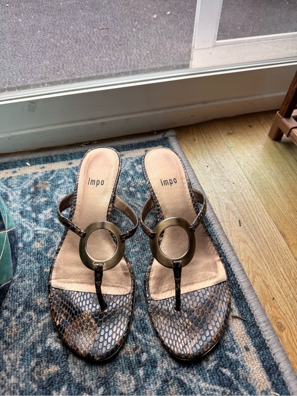 Impo Brown Snake-Print Thong Sandals with Gold Ring Accent